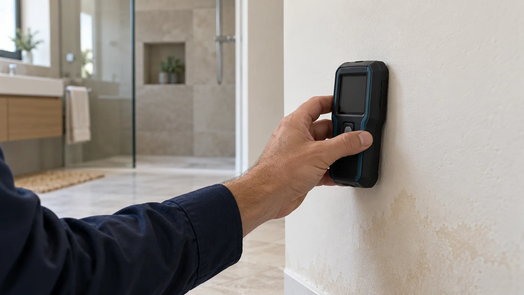 Illustrative image of a moisture check on a plaster wall beside a bathroom.